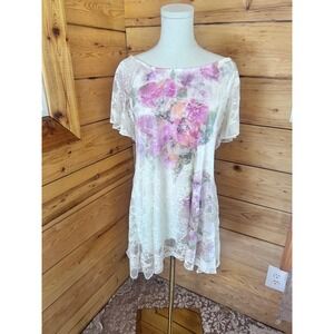 Vintage Lace Watercolor Tunic Womens Large Pink Asymmetric Cal Style USA Made